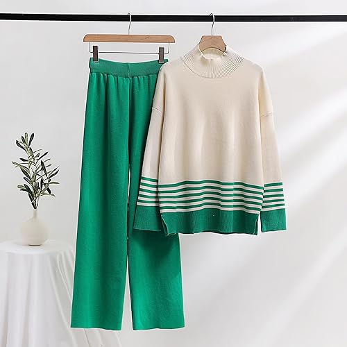 OCCOKO Conjunto de traje de dos piezas con pantalones anchos informales sueltos de otoño e invierno para mujer Pantalones Mujer De Vestir (Green, S)