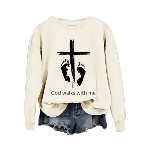 OCCOKO God Walks with Me con Estampado Sudadera Casual de Manga Larga para Mujer Sudaderas Mujer (Khaki, XXL)