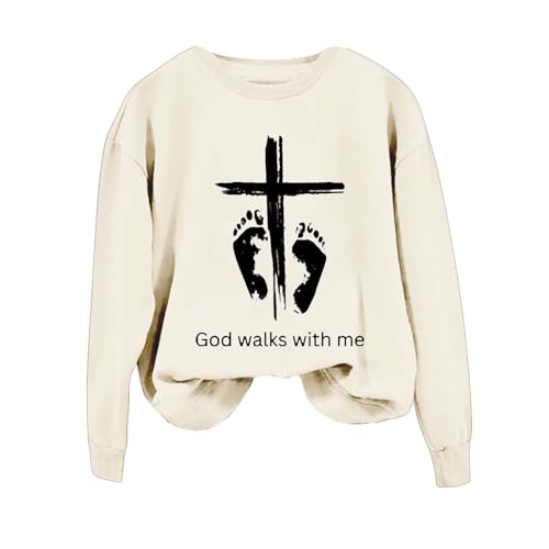 OCCOKO God Walks with Me con Estampado Sudadera Casual de Manga Larga para Mujer Sudaderas Mujer (Khaki, XXL)