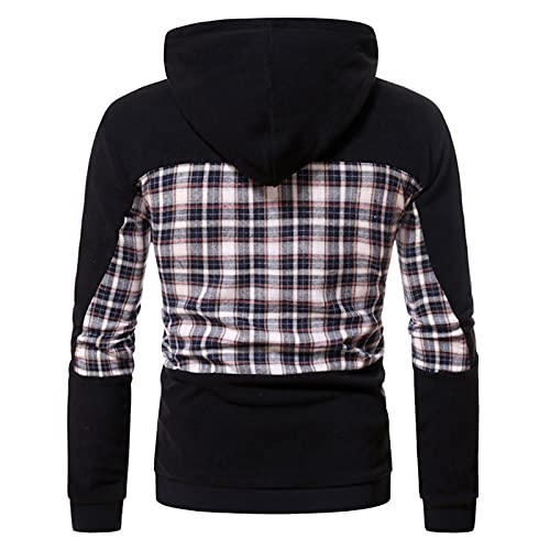 OCCOKO Hoody Sudadera con Capucha Hombre Casual Color Block Checked Pullover Sudadera con Capucha Ropa (Black, L)