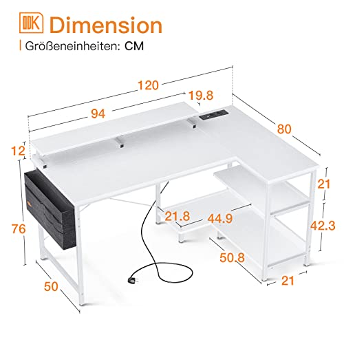 ODK Escritorio de Esquina Gaming con Puerto de Carga USB y Toma de Corriente, Mesa de Ordenador en Forma de L con Estantes de Almacenamiento y Soporte Monitor para Hogar Oficina (120x80x88cm, White)