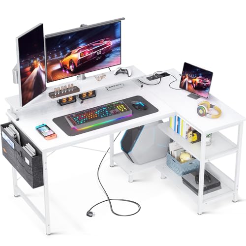 ODK Escritorio de Esquina Gaming con Puerto de Carga USB y Toma de Corriente, Mesa de Ordenador en Forma de L con Estantes de Almacenamiento y Soporte Monitor para Hogar Oficina (120x80x88cm, White)