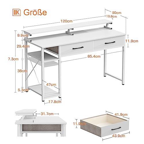 ODK Escritorio de Ordenador con cajones y Compartimentos de Almacenamiento, Escritorio de Oficina en casa con Soporte de Monitor, Escritorio de PC de Estudio de Trabajo (120x50x87cm, White)