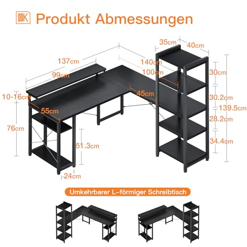 ODK Escritorio, Escritorio Esquinero Reversible de 140×137 cm con Estantería, Mesa de Oficina con Soporte de Monitor Largo Ajustable, Escritorio en Forma de L para Estudio y Oficina en Casa (Black)