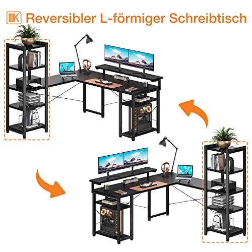 ODK Escritorio, Escritorio Esquinero Reversible de 140×137 cm con Estantería, Mesa de Oficina con Soporte de Monitor Largo Ajustable, Escritorio en Forma de L para Estudio y Oficina en Casa (Black)