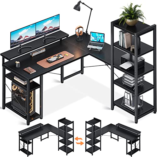 ODK Escritorio, Escritorio Esquinero Reversible de 140×137 cm con Estantería, Mesa de Oficina con Soporte de Monitor Largo Ajustable, Escritorio en Forma de L para Estudio y Oficina en Casa (Black)