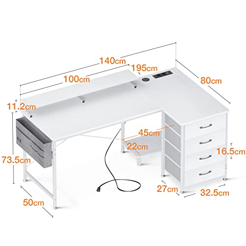 ODK Escritorio Esquinero con Puerto de Carga USB y Toma de Corriente, Mesa de Ordenador en Forma de L con 4 Cajón, Escritorio de Esquina Gaming con Soporte Monitor para Hogar, Oficina, 140x80x84.7cm