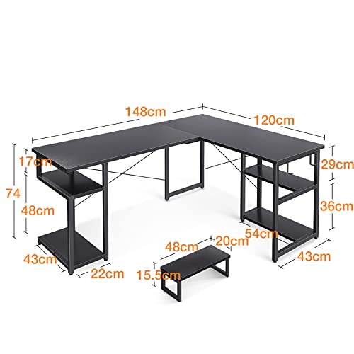 ODK Escritorio esquinero Negro 148x120cm - Escritorio en Forma de L, Escritorio en Forma de L, Ahorro de Espacio con estantes Dobles y Ganchos, Ideal para salón y Oficina en casa