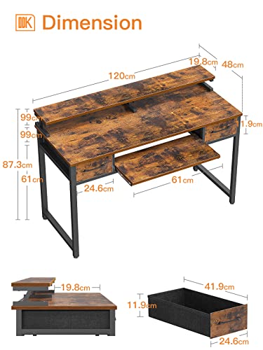 ODK Mesa Escritorio, Mesa Ordenador con Cajón Oficina con Soporte Monitor para Estudiantes y Trabajadores, Escritorios con Estante para Teclado para Dormitorio, Hogar, Oficina (120x48x90cm, Brown)