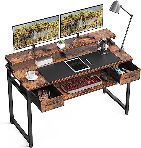 ODK Mesa Escritorio, Mesa Ordenador con Cajón Oficina con Soporte Monitor para Estudiantes y Trabajadores, Escritorios con Estante para Teclado para Dormitorio, Hogar, Oficina (120x48x90cm, Brown)