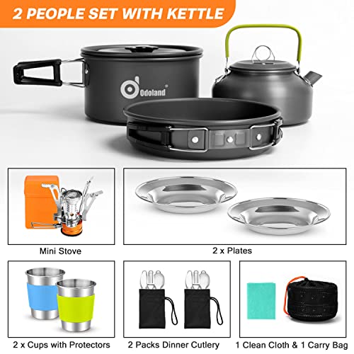 Odoland Kit de Utensilios de Cocina para Acampar con Hornillos de Camping Plegable 2 Personas, Set de Ollas Antiadherentes con Tazas de Acero Inoxidable Platos Tenedores Cuchillos Cucharas