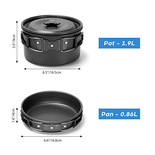 Odoland Kit de Utensilios de Cocina para Acampar con Hornillos de Camping Plegable 2 Personas, Set de Ollas Antiadherentes con Tazas de Acero Inoxidable Platos Tenedores Cuchillos Cucharas