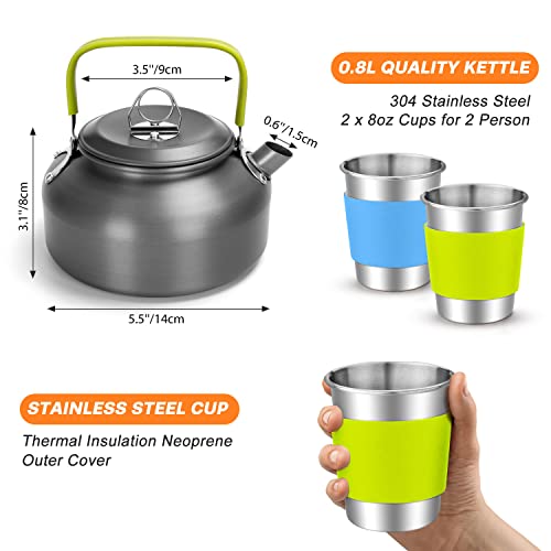 Odoland Kit de Utensilios de Cocina para Acampar con Hornillos de Camping Plegable 2 Personas, Set de Ollas Antiadherentes con Tazas de Acero Inoxidable Platos Tenedores Cuchillos Cucharas