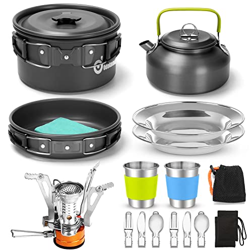 Odoland Kit de Utensilios de Cocina para Acampar con Hornillos de Camping Plegable 2 Personas, Set de Ollas Antiadherentes con Tazas de Acero Inoxidable Platos Tenedores Cuchillos Cucharas