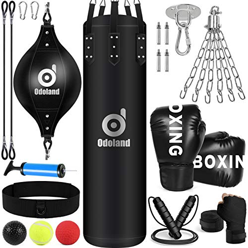 Odoland Saco Boxeo 10 en 1, 120 cm Punching Bag Sin Relleno, Double End Bag, Guantes, Boxing Reflex Ball, Vendas Boxeo, Cuerda para Saltar y Cadena, Sets de Boxeo para Kick Boxing Artes Marciales