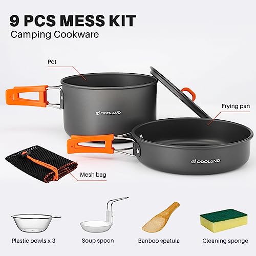 Odoland Utensilios de Cocina para Camping para 1-3 Personas, Ollas de Camping y Sartén, para Camping Senderismo Excursiones Cocina Outdoor y Picnics, M Olla 2L+ Sartén 0.7L