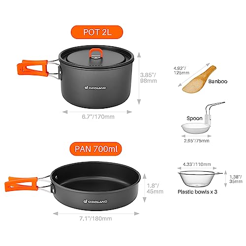 Odoland Utensilios de Cocina para Camping para 1-3 Personas, Ollas de Camping y Sartén, para Camping Senderismo Excursiones Cocina Outdoor y Picnics, M Olla 2L+ Sartén 0.7L