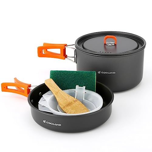 Odoland Utensilios de Cocina para Camping para 1-3 Personas, Ollas de Camping y Sartén, para Camping Senderismo Excursiones Cocina Outdoor y Picnics, M Olla 2L+ Sartén 0.7L