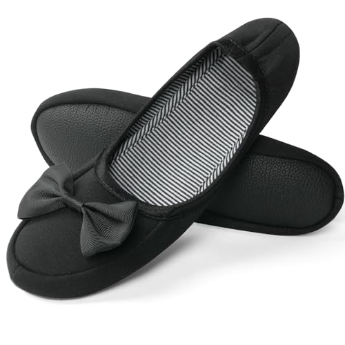 OFFCUP Mujer Ballet Pantuflas, Linda Decoración de Lazo de Cabeza Redonda Bailarinas Zapatillas, Cómodo Ligero Zapatos Tipo Ballet Mujer, Diseño de Suela de Goma Suave Antideslizante (Negro)