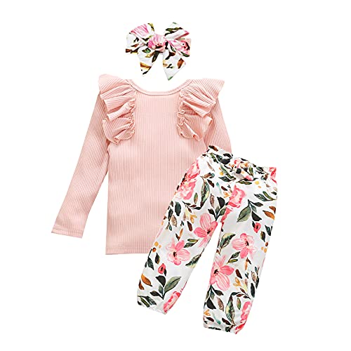 OFIMAN Conjunto de ropa de niña pequeña manga corta con volantes + pantalones florales + diadema, Rosa largo., 2-3 Años