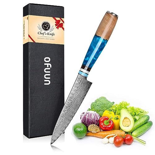 oFuun Cuchillo Cocina Damasco, 12,6cm Cuchillo Universales, 67 Capas Cuchillo Multiusos de Acero Damasco, Súper Acero VG10 con Mango Ergonómico de Resina Azul