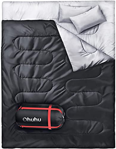 Ohuhu - Saco de Dormir Doble con 2 Almohadas, Impermeable, Ligero, para 2 Personas, Adultos, para Camping, Senderismo, Bolsa de Transporte, Color Negro