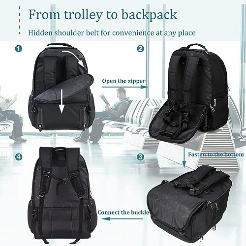 OIWAS Mochila con Ruedas Adulto Negra Bolsa de Viaje Trolly para Portátil de 15.6 Pulgadas Equipaje de Mano Unisex 30L