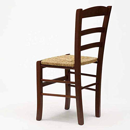 OKAFFAREFATTO MADDALONI Silla de madera maciza de color nogal oscuro con asiento de paja para restaurante, casa, mod. PAESANA Robusto con Grosor Patas de 36 mm x 40 mm Nuevo ya montado