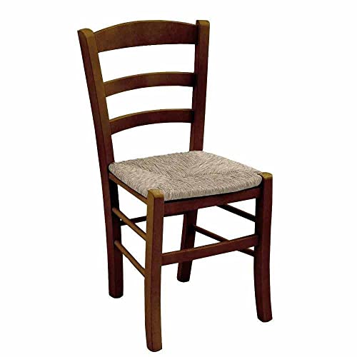 OKAFFAREFATTO MADDALONI Silla de madera maciza de color nogal oscuro con asiento de paja para restaurante, casa, mod. PAESANA Robusto con Grosor Patas de 36 mm x 40 mm Nuevo ya montado