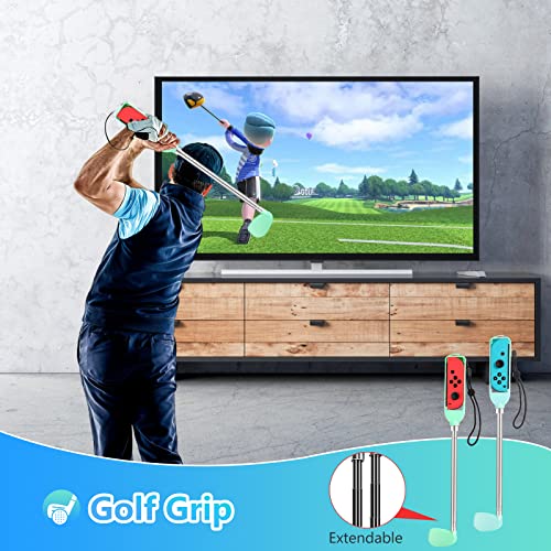 OLDZHU 12 en 1 Kit de Accesorios Sports Compatible con Nintendo Switch,Switch OLED Sports Accesorios con Raquetas de Tenis,Palos de Golf,Sword,Correas para muñecas y piernas (Cian+Azul Claro)