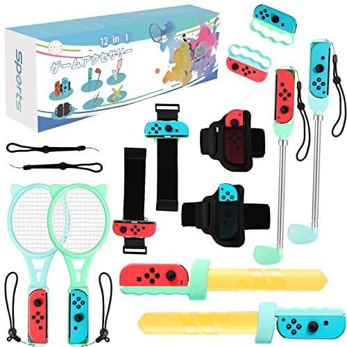 OLDZHU 12 en 1 Kit de Accesorios Sports Compatible con Nintendo Switch,Switch OLED Sports Accesorios con Raquetas de Tenis,Palos de Golf,Sword,Correas para muñecas y piernas (Cian+Azul Claro)