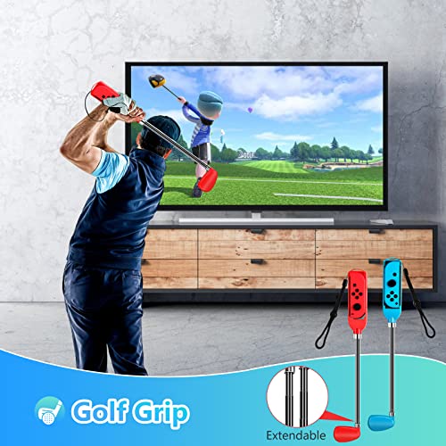 OLDZHU 12 en 1 Kit de Accesorios Sports Compatible con Nintendo Switch,Switch OLED Sports Accesorios con Raquetas de Tenis,Palos de Golf,Sword,Correas para muñecas y piernas (Rojo + Azul)