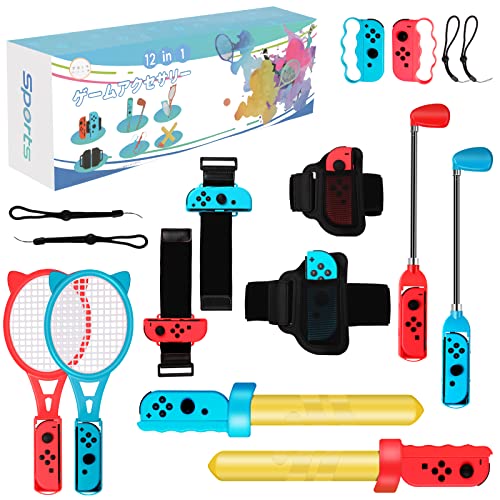 OLDZHU 12 en 1 Kit de Accesorios Sports Compatible con Nintendo Switch,Switch OLED Sports Accesorios con Raquetas de Tenis,Palos de Golf,Sword,Correas para muñecas y piernas (Rojo + Azul)