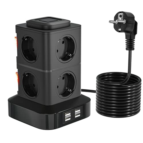 OLEKE Regleta Vertical Enchufes 2500W/10A Regleta Enchufe con 8 Tomas Corrientes y 4 Rápida USB Tomas Protección de Sobrecarga Cable de extensión de 3m y Tapón de Seguridad