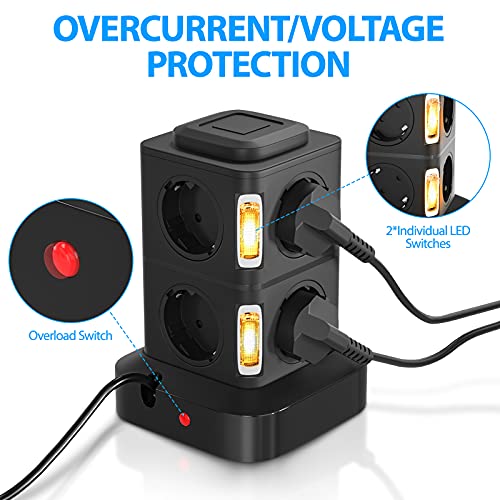 OLEKE Regleta Vertical Enchufes 2500W/10A Regleta Enchufe con 8 Tomas Corrientes y 4 Rápida USB Tomas Protección de Sobrecarga Cable de extensión de 3m y Tapón de Seguridad