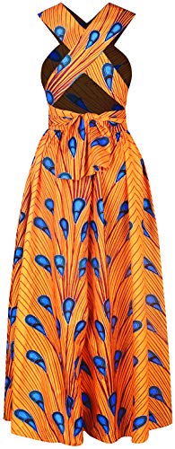 OLIPHEE Mujer Vestido Africano Floral Falda Multifuncional Fiestas Elegante Larga Azul PlumaL-1