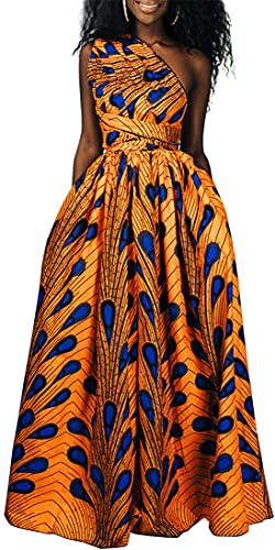 OLIPHEE Mujer Vestido Africano Floral Falda Multifuncional Fiestas Elegante Larga Azul PlumaL-1