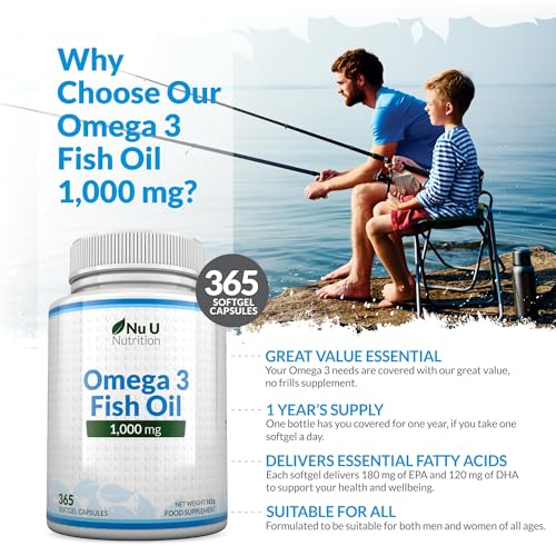 Omega 3 1000mg de Alta Potencia - 365 Cápsulas - Ácidos Grasos 540mg EPA y 340mg DHA por dosis diaria - Aceite de Pescado de Aguas Frías - Nu U Nutrition