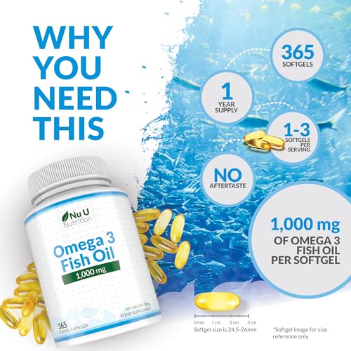 Omega 3 1000mg de Alta Potencia - 365 Cápsulas - Ácidos Grasos 540mg EPA y 340mg DHA por dosis diaria - Aceite de Pescado de Aguas Frías - Nu U Nutrition