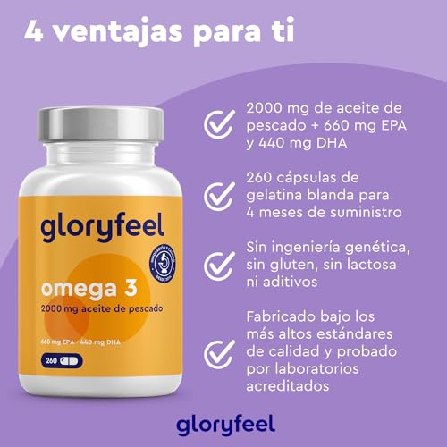 Omega 3 2000mg - 260 cápsulas blandas - 660mg de EPA y 440mg de DHA - Máxima concentración de Aceite de pescado - Cerebro, visión y corazón* - Para +4 meses (2 diarias)