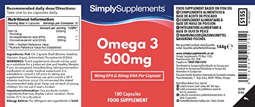 Omega 3 500mg - ¡Bote para 1 año ! -360 cápsulas - Con DHA y EPA - SimplySupplements