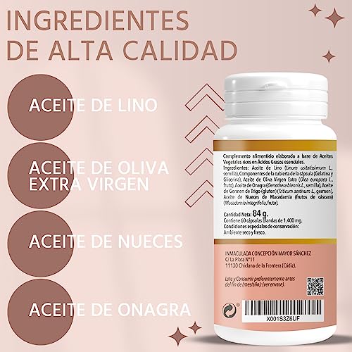 Omega 3 6 9 Cápsulas. Contribuye A Mantener Normales Los Niveles De Colesterol En Sangre. Rico en Ácidos Grasos Esenciales De Origen Vegetal. Contiene Omega 7. 60 Perlas Para 20 Días.