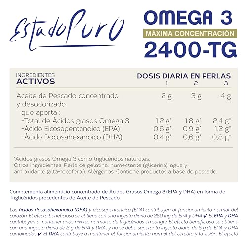 Omega 3 Cápsulas Estado Puro - Aceite de Pescado Omega 3 en Forma de Triglicéridos - 1200mg EPA y 800mg DHA - Altamente Estable y Máximo Estándar de Pureza y Sostenibilidad - 90 Perlas de Tongil