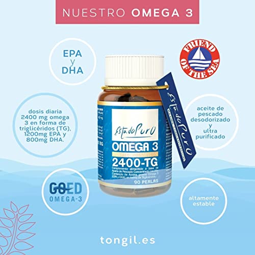 Omega 3 Cápsulas Estado Puro - Aceite de Pescado Omega 3 en Forma de Triglicéridos - 1200mg EPA y 800mg DHA - Altamente Estable y Máximo Estándar de Pureza y Sostenibilidad - 90 Perlas de Tongil