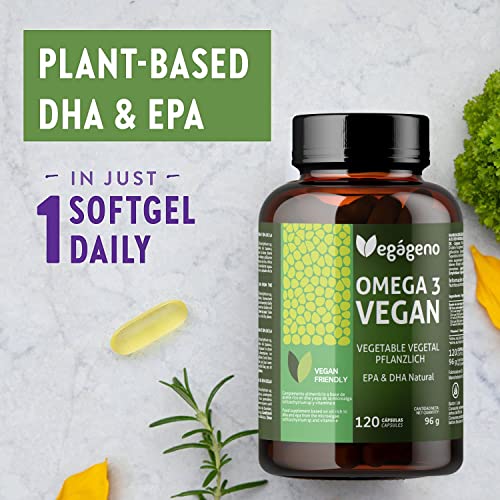 OMEGA 3 VEGAGENO - Aceite de Algas 2000MG de Origen Vegetal. Alta Concentración 600 mg DHA y 300mg EPA por Dosis Diaria. 100% Natural. Sin Gluten. No GMO. VEGAN Friendly