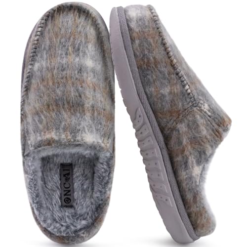 ONCAI Zapatos Mujer Comodos Peluche Lana Tejidos Soporte de Arco Pie Zuecos Espuma de Memoria A Cuadros Zapatillas Casa Pelaje Sintético Interior Exterior Yoga Esterilla Suela de Goma Talla Gris 38.5