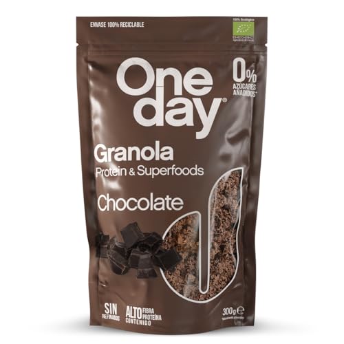 ONE DAY Granola Ecologica, Sin Azucares Añadidos, Alto en Proteína con Superfoods, Alto en Fibra, 300g (Chocolate, 1 unidad)