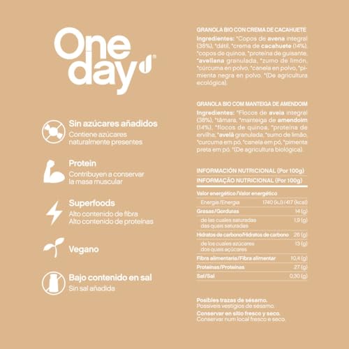 ONE DAY Granola Ecologica, Sin Azucares Añadidos, Alto en Proteína con Superfoods, Alto en Fibra, 300g (Crema Cacahuete, 1 unidad)