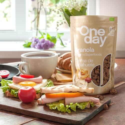 ONE DAY Granola Ecologica, Sin Azucares Añadidos, Alto en Proteína con Superfoods, Alto en Fibra, 300g (Crema Cacahuete, 1 unidad)