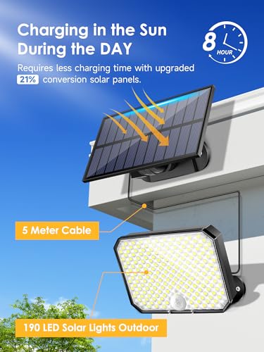 One Fire Luz Solar Exterior Jardin,【190LED 1500LM】 3 Modos Luces Solares Led Exterior Jardin, IP65 Focos Led Exterior Solares, Control Remoto Foco Solar Exterior Lampara Solar Exterior Garaje Jardin